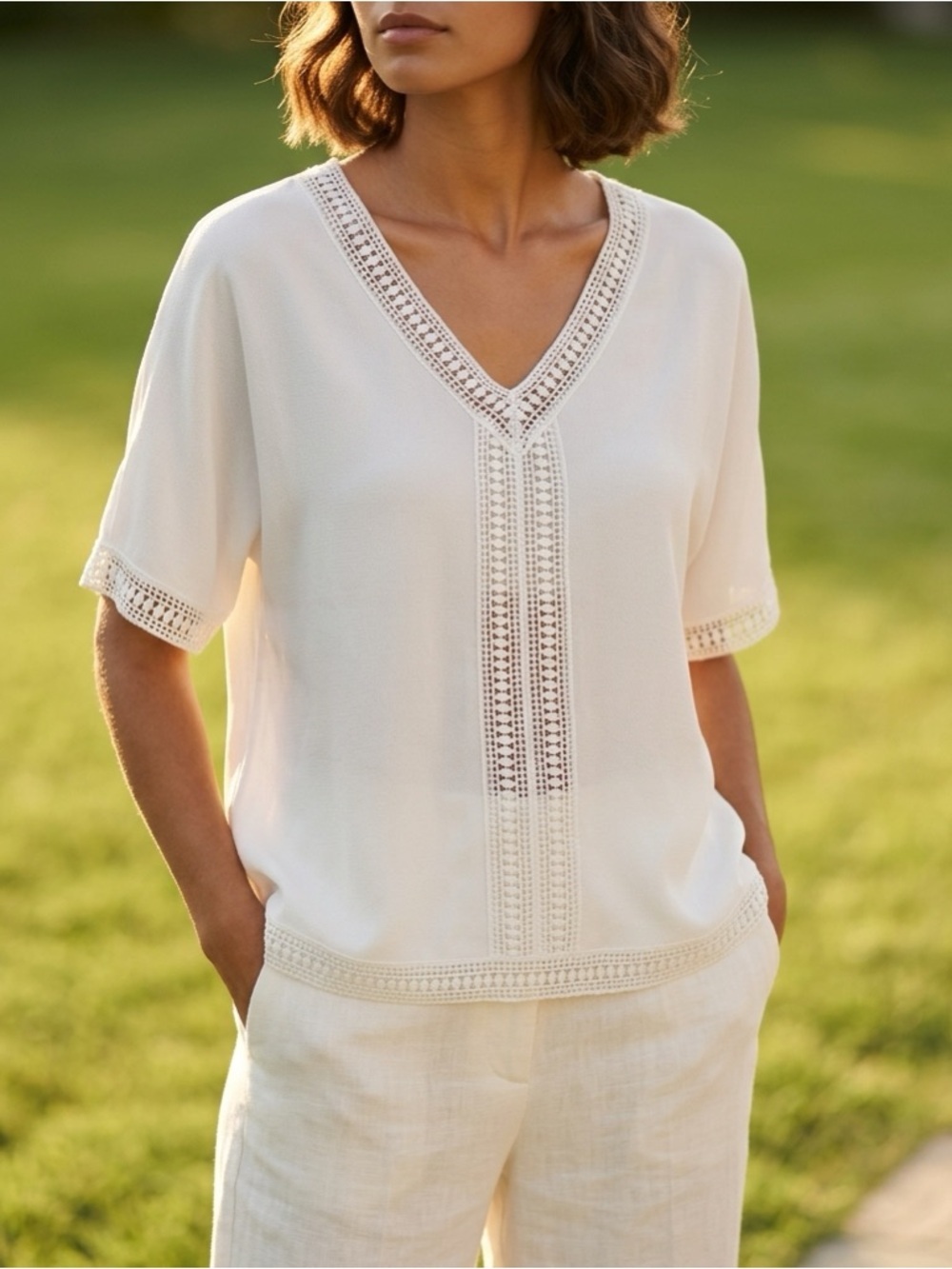 Ricki’s Large white V-Neck Crochet Trim Blouse Lightweight Relaxed Fit Top